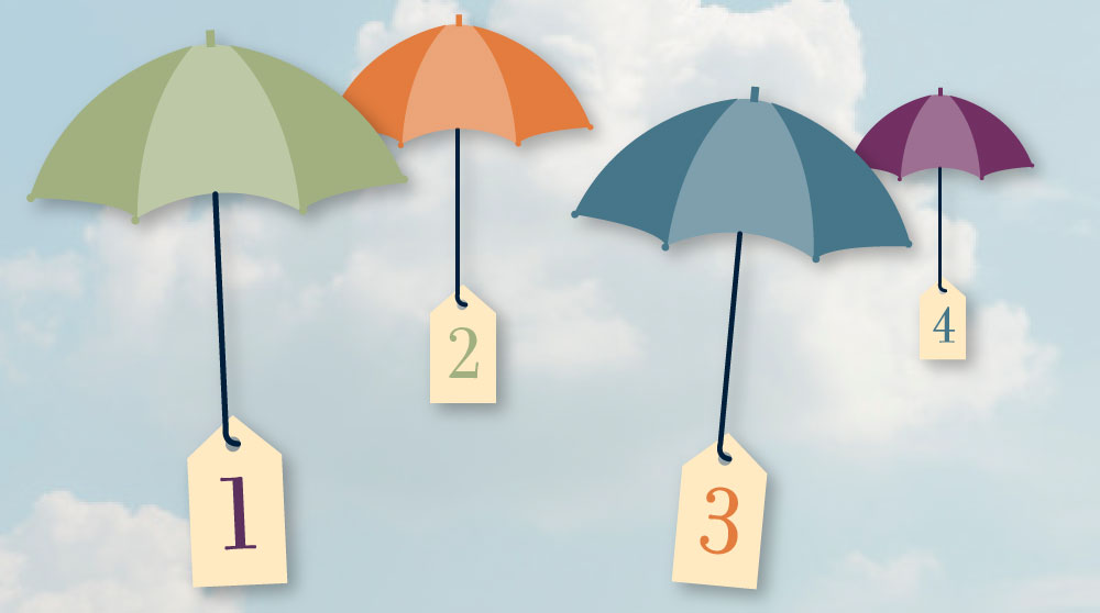 A digital graphic of four umbrellas floating through the sky with numbered tags hanging from their handles.