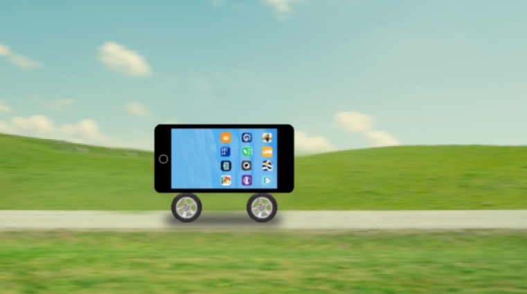 A digitally manipulated image of a smartphone on wheels speeding down a country road.