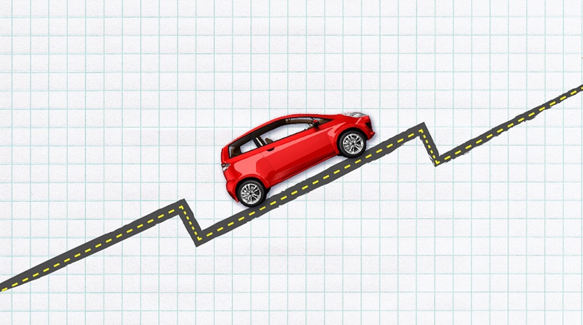Digital graphic of a car riding up a sloped line on graph paper that looks like a road.