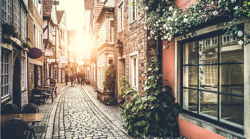A sunny European cobblestone street surrounded by tall shops and vines.
